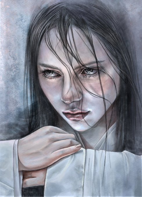 A detailed, realistic illustration portrays a pale-skinned woman with dark, wet-looking hair covering part of her face, gazing intensely with grey eyes.