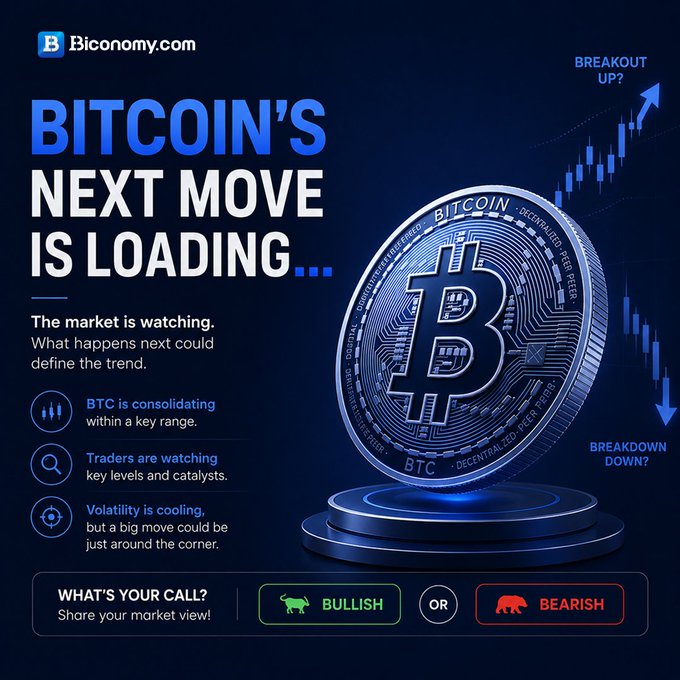 Biconomy.com promotional graphic titled 'Bitcoin's Next Move is Loading...' asking users to choose between a Bullish or Bearish market call.