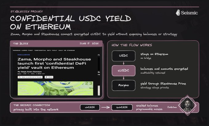 A digital infographic titled 'CONFIDENTIAL USDC YIELD ON ETHEREUM' explaining how Zama, Morpho, and Steakhouse connect encrypted cUSDC to yield, featuring logos and a Seismic branded design.