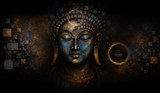 A digital artwork of a serene, blue-toned Buddha-like face surrounded by geometric golden blocks, with a crescent moon on its forehead and a single eye floating in a golden orb to the right.