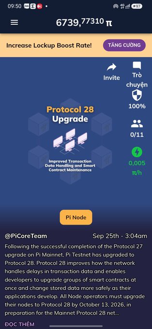 A mobile app screen showing a 'Protocol 28 Upgrade' for Pi Node, displaying a balance of 6739.77310 Pi and details about the upcoming upgrade to Pi Mainnet.