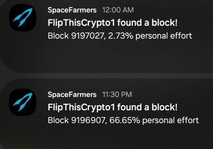 Two Discord notifications from SpaceFarmers indicating that 'FlipThisCrypto1 found a block!' for Block 9197027 (2.73% effort) and Block 9196907 (66.65% effort).