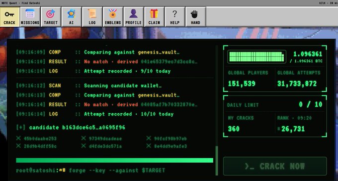 A retro-styled computer terminal interface in green text running 'forge --key --against $TARGET', showing log entries of comparisons against 'genesis_vault', global player stats, and a 'CRACK NOW' button.