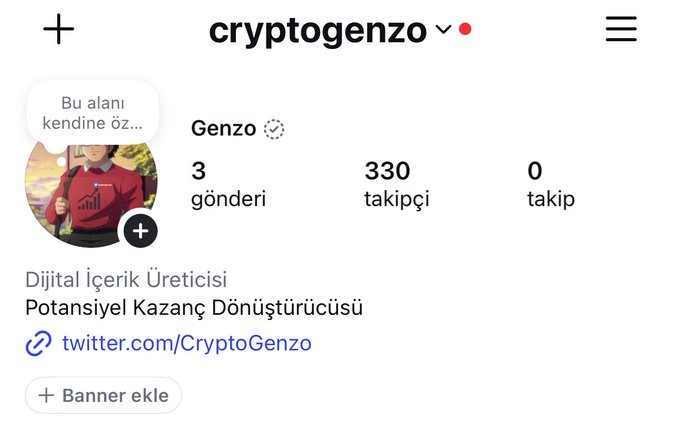The image shows an Instagram profile page for "cryptogenzo" with the bio "Dijital İçerik Üreticisi, Potansiyel Kazanç Dönüştürücüsü" (Digital Content Creator, Potential Profit Converter), featuring 3 posts, 330 followers, and a linked Twitter account (@CryptoGenzo). This screenshot serves as visual proof of the Instagram account "cryptogenzo" being promoted in the accompanying post, encouraging followers to connect there for short clips and video analyses.