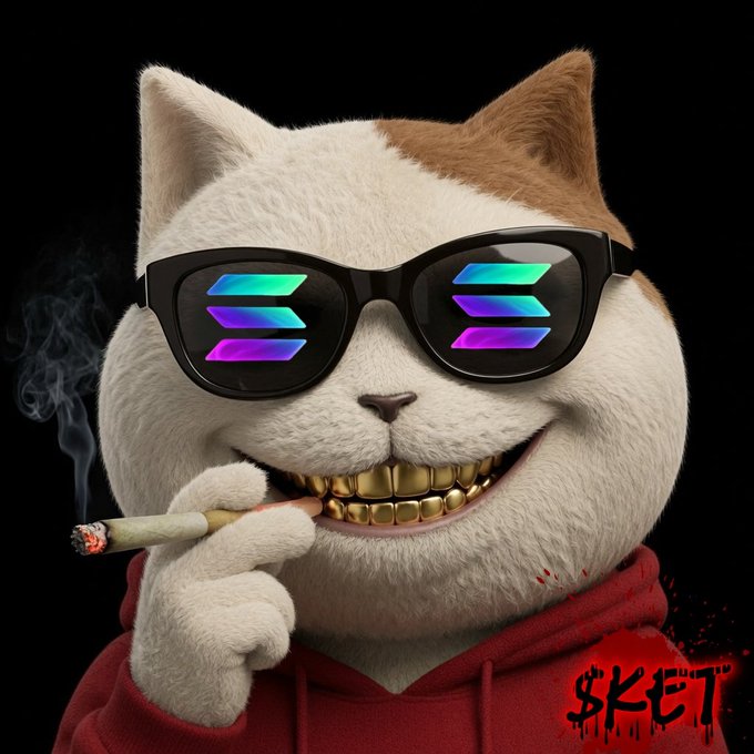 A stylized cartoon cat with golden grillz, neon sunglasses, and a red hoodie smokes a joint, with "$KET" branded in graffiti-style text at the bottom, reinforcing the post's "We believe $KET LIFE" message through a bold, street-art aesthetic.