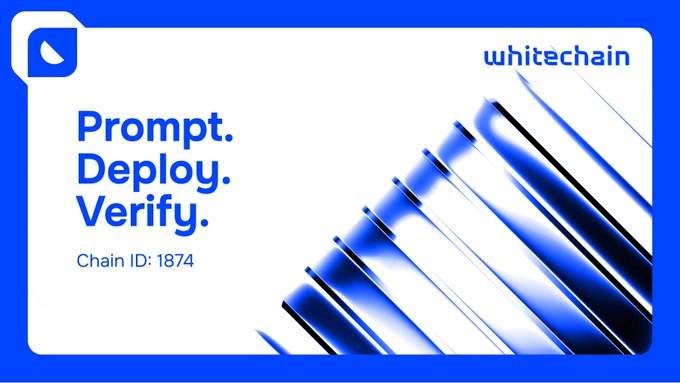 A graphic for "whitechain" features bold blue text reading "Prompt. Deploy. Verify." along with "Chain ID: 1874" on a white and blue background with diagonal striped patterns.