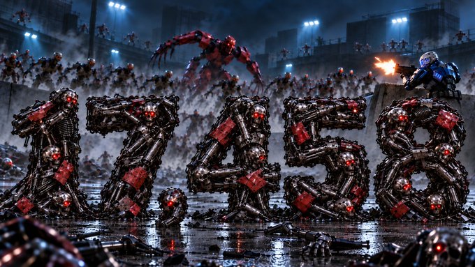 A dramatic scene showing large robotic figures forming the numbers "17768" in a post-apocalyptic setting with explosions and crowds watching from above.