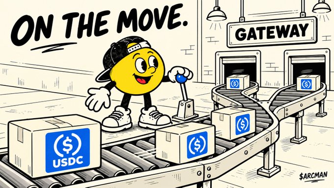 A cartoon illustration titled 'ON THE MOVE' shows a yellow smiley face character pushing boxes marked with USDC stablecoin logos through a factory gateway labeled 'GATEWAY'.
