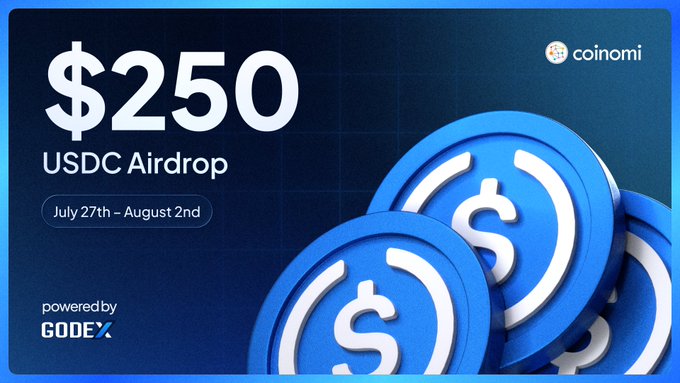 A promotional graphic for a "$250 USDC Airdrop" running July 27th – August 2nd, branded with the Coinomi logo and "powered by GODEX" tagline, featuring large blue USDC coin illustrations against a dark background. The image complements the post's urgent reminder that the Coinomi x Godex rewards campaign is ending soon, encouraging users to complete tasks and claim their payout before the deadline.