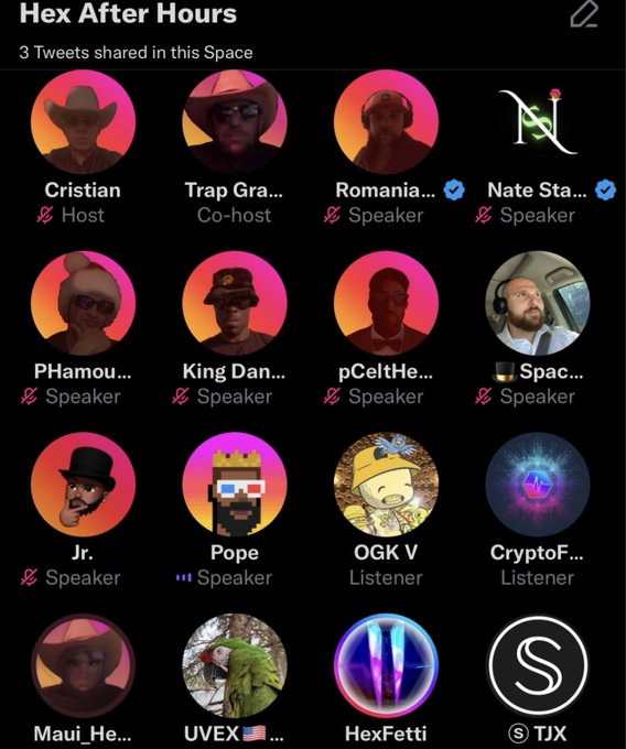 A screenshot of a Twitter Space titled "Hex After Hours" displays 16 participants in a 4x4 grid, including Host Cristian, Co-host Trap Gra..., and various speakers and listeners like Romania, Nate Sta..., PHamou..., King Dan..., pCeItHe..., Jr., Pope, OGK V, CryptoF..., Maui He..., UVEX, HexFetti, and TJX, visually representing the call to bring back the original community of believers, whales, shrimps, and "the ones who stil preach" to discuss PulseChain starting September 20th.