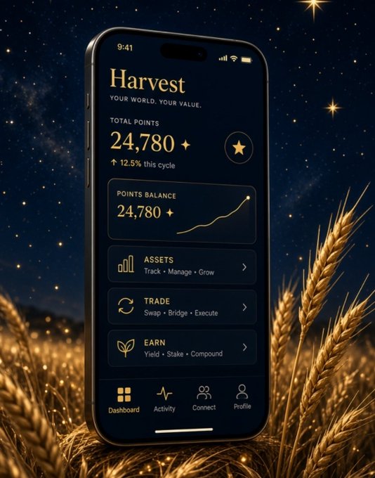 Mobile app dashboard mockup for 'Harvest' displayed on a phone against a starry night sky with golden wheat fields, showing 24,780 total points (+12.5% this cycle) and menu options for Assets, Trade, and Earn.