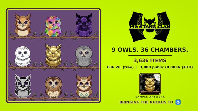 A promotional graphic for "Hootang Clan" features 9 different pixel-art owls and details a collection of 3,636 items priced at "636 WL (free) | 3,000 public (0.0036 SETH)".