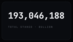 A black graphic displays "193,046,188" with the caption "TOTAL STAKED - BULLION" beneath it, representing the staked token count referenced in the update. This visualizes the nearly 20% of total supply claim in the accompanying post about $BULLION (@BullionRH) accumulation.
