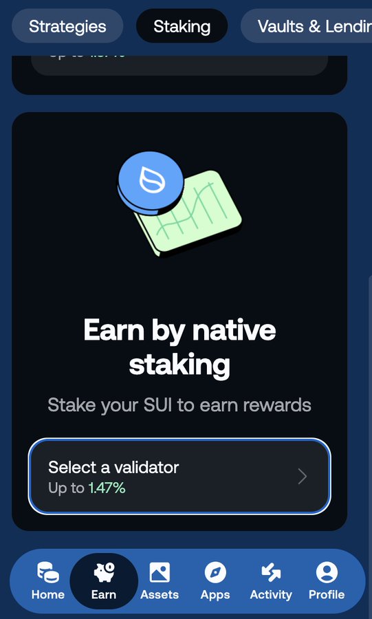 A mobile app screenshot showing an 'Earn by native staking' interface where users can stake SUI to earn rewards, with a 'Select a validator' option offering up to 1.47% APY.