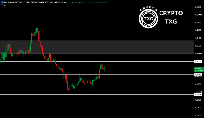 A candlestick chart for 'FARTCOIN/TETHERUS PERPETUAL CONTRACT' on a weekly timeframe, featuring a 'CRYPTO TXG' logo in the upper right.