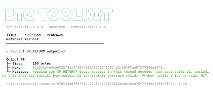 Terminal output from 'BTC TOOLKIT v1.4.0 · opreturn' displaying a Bitcoin OP_RETURN transaction decode with TXID c989336d...9cbb34e5 on mainnet, showing a message about decoding raw OP_RETURN data via pip install btc-toolkit.