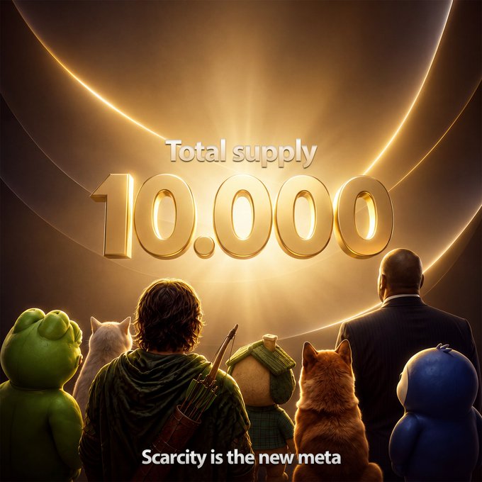 A lineup of diverse characters—including a green dinosaur plush, a cat, a hooded archer with a bow, a dog, a businessman in a suit, and a blue rounded figure—gaze upward at a glowing golden display reading "Total supply 10,000" with the tagline "Scarcity is the new meta." The image visually reinforces the post's message about $PHERA's unprecedented low-token supply breaking the memecoin norm.