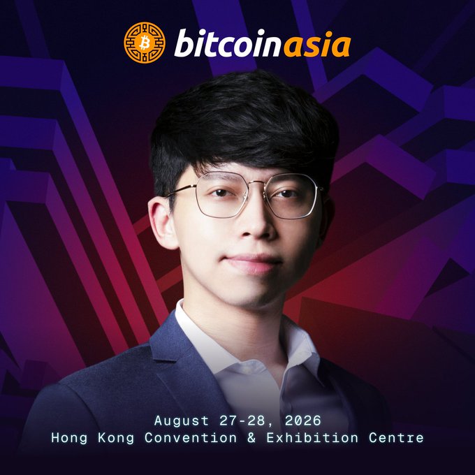 A promotional image for 'bitcoin asia' event featuring a young man in a suit, scheduled for August 27-28, 2026, at the Hong Kong Convention & Exhibition Centre.