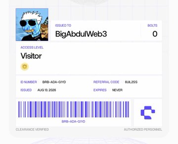 A digital ID card issued to 'BigAbdulWeb3' with a Visitor access level, featuring a cartoon avatar, a barcode, and an issue date of Aug 13, 2028.