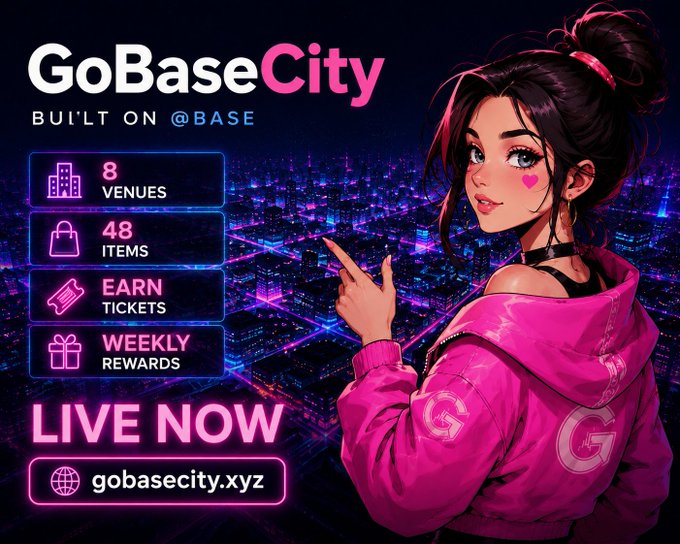 A promotional graphic for 'GoBaseCity' built on @BASE featuring an anime-style character in a pink jacket, with stats showing 8 venues, 48 items, tickets to earn, weekly rewards, and the URL gobasecity.xyz.