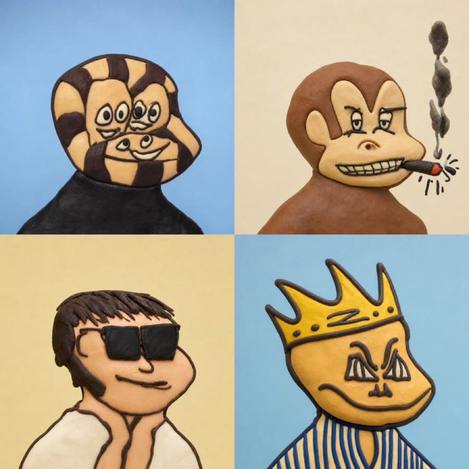 A 2x2 grid of hand-drawn cartoon characters: a multi-faced brown figure, a brown monkey smoking a cigar, a man with black hair and sunglasses, and a yellow crowned figure with striped clothing.