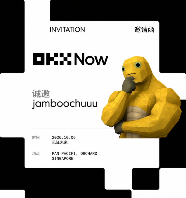 An OKX Now invitation card featuring a 3D yellow figure, inviting 'jamboochuuu' to an event on 2026.10.06 at PAN PACIFI, ORCHARD SINGAPORE.