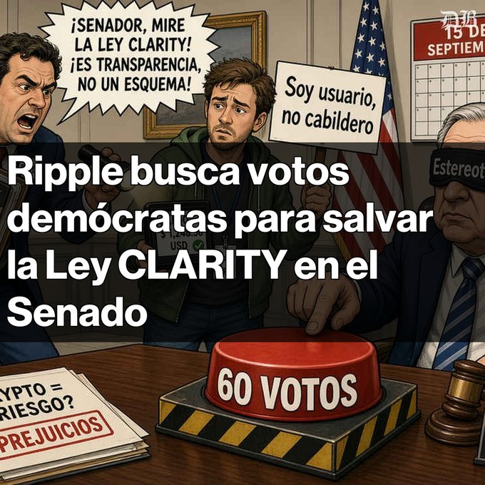 A comic-style illustration with Spanish text 'Ripple busca votos demócratas para salvar la Ley CLARITY en el Senado' depicting a political scene with a '60 VOTOS' button and a sign reading 'Soy usuario, no cabildero.'