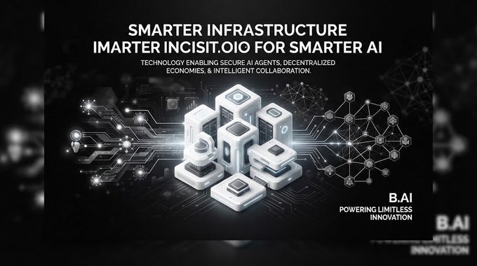 A promotional graphic with text 'SMARTER INFRASTRUCTURE [partially obscured] FOR SMARTER AI' and 'B.AI POWERING LIMITLESS INNOVATION' featuring 3D tech illustrations.