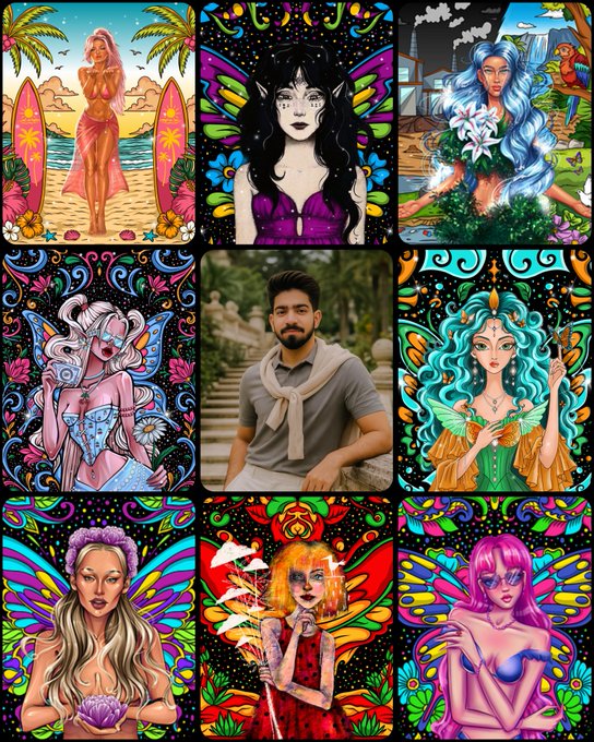 A 3x3 grid displays colorful, stylized illustrations of fantasy women and one photo of a bearded man in the center, all featuring vibrant neon colors, wings, and decorative elements on dark backgrounds.