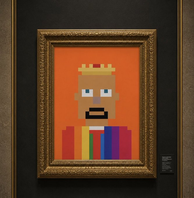 A pixel art portrait in an ornate gold frame depicting a crowned character with a beard wearing colorful rainbow-striped clothing against an orange background, displayed as artwork in a gallery setting.