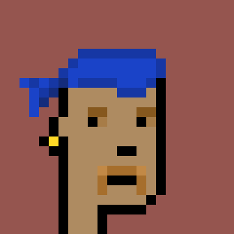 A pixel art figure with blue hair, a purple hat, and orange and blue clothing against a red background.