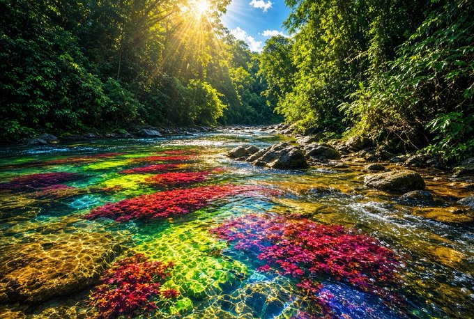A sunlit forest stream flows over rocks, its clear water glowing with vivid patches of red, green, blue, and yellow beneath the surface.