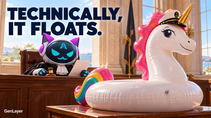 An advertisement featuring a robot judge wearing a powdered wig and cape sitting at a courtroom bench alongside an inflatable unicorn pool float, with the text 'TECHNICALLY, IT FLOATS.' and 'GenLayer' branding.