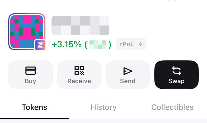 A screenshot of a crypto wallet interface showing a pink and blue blocky profile picture (blockie) with a +3.15% gain in "rPnL," likely shared by a user celebrating their return to the crypto space as part of a "show me your blockies" challenge. The interface displays options like Buy, Receive, Send, and Swap, with the Tokens tab selected.