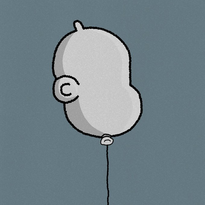 A simple pencil sketch of a bear-shaped balloon with a string, set against a solid blue-gray background.