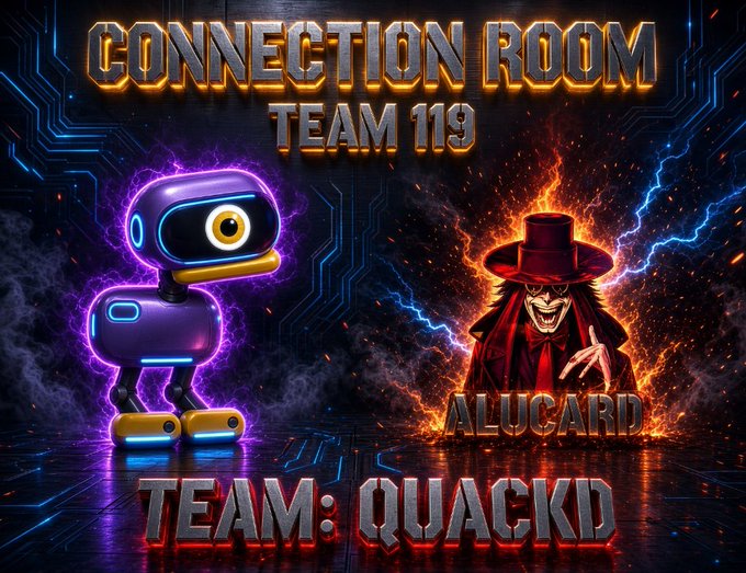 A gaming team banner titled 'CONNECTION ROOM TEAM 119' featuring a purple robot character on the left and a figure labeled 'ALUCARD' in a red coat and hat on the right, with 'TEAM: QUACKD' displayed at the bottom.
