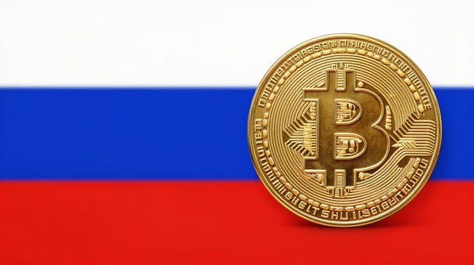 Golden Bitcoin coin displayed in front of a Russian flag (white, blue, and red horizontal stripes).