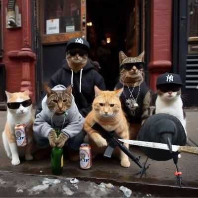 Five cats are dressed in hip-hop streetwear including hoodies, Yankees caps, sunglasses, and chains, posed with beer bottles and a baseball bat on a city street.