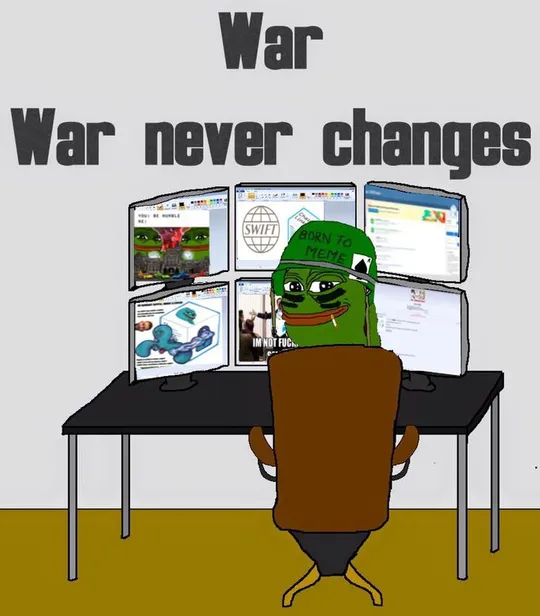 A 'War. War never changes' meme featuring the Wojak 'Woker Soldier' character (wearing a 'Born to meme' helmet) sitting at a desk with six monitors displaying various meme-related content.