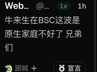 A social media post with Chinese text mentioning 'BSC' (Binance Smart Chain) and that the native family is not doing well, posted 1 hour ago.