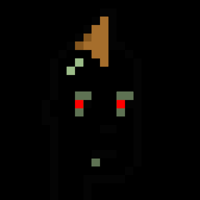 A minimalist pixel art illustration showing a dark figure with green and red eyes and a brown hat-like shape on top.