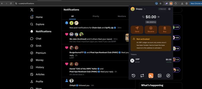 The image shows the X (formerly Twitter) notifications page with a Sloppy wallet pop-up on the XRP balance showing $0.00, indicating an inactive Ledger account with a warning message. The notifications panel displays various activity alerts from ChainGab, Sloppy, Pixel Ape Rowboat Club (PARC), and others, suggesting the user is testing the JoeyWallet web extension while checking their crypto holdings.