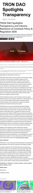 A vertical screenshot of a website article from "nonbio" titled "Spotlights Transparency" discussing "TRON DAO Spotlights Transparency and Industry Resilience at CoinDesk Policy & Regulation," featuring a banner with the U.S. Capitol.