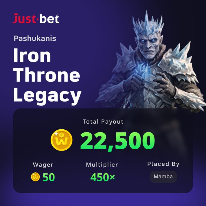 The image shows a JustBet betting slip featuring a "Pashukanis - Iron Throne Legacy" wager where user "Mamba" bet 50 WINR and won a total payout of 22,500 with a 450x multiplier, accompanied by an illustration of an icy, crowned figure resembling the Night King from Game of Thrones. The caption ties into the post by highlighting Mamba's impressive 22,500 WINR win from a small 50 WINR wager, with the "Iron Throne Legacy" game's fantasy theme complementing the basketball reference to Kobe Bryant's clutch "shot selection."