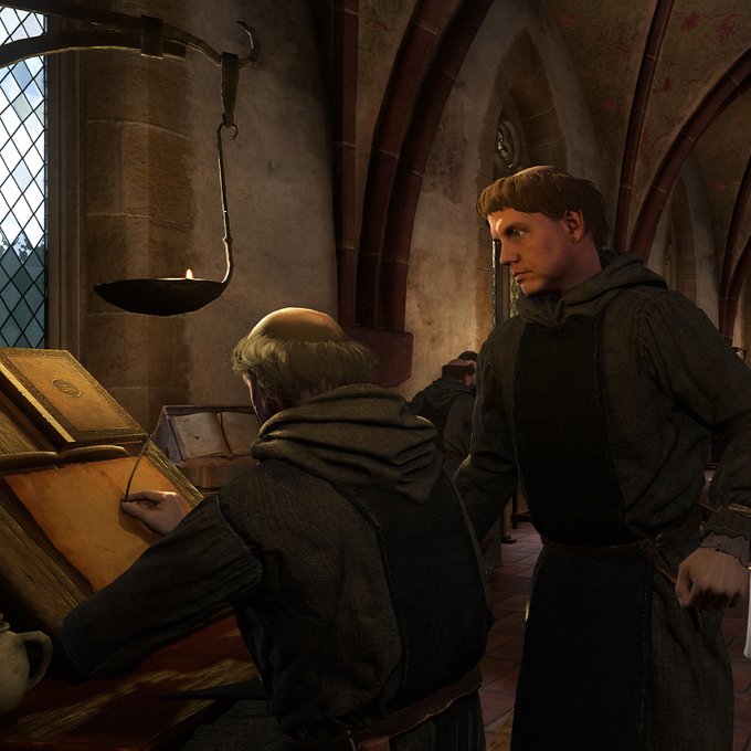 A 3D-rendered scene depicting two monks in dark robes in a medieval scriptorium; one is seated writing in a large illuminated manuscript while the other stands looking at him.