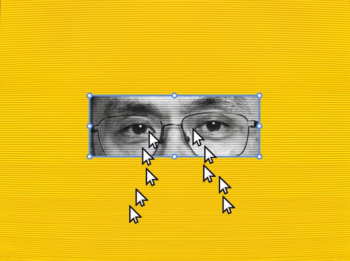 A cropped image of a man's eyes behind glasses is selected on a yellow background, with two computer cursor arrows pointing toward the eyes like tears, visually evoking a sense of being watched or scrutinized—possibly referencing CZ's (Changpeng Zhao) regulatory scrutiny and hinting at who the crypto community might be "crying" over next.