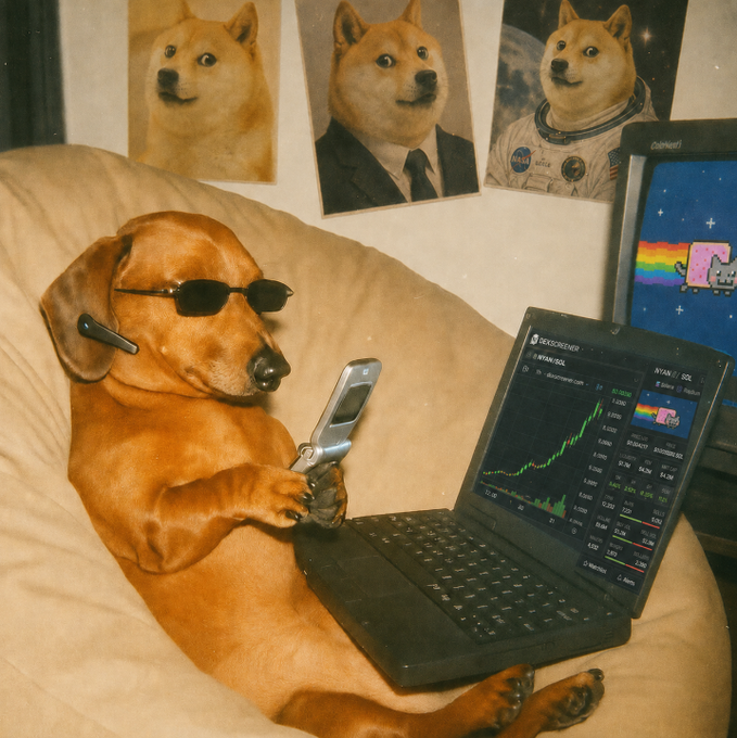 A composite image featuring a dachshund wearing sunglasses while using a flip phone and laptop displaying charts, set against a backdrop with three other dog portraits including a Shiba Inu in a suit.