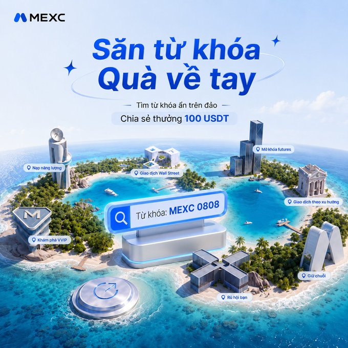 A Vietnamese promotional graphic for MEXC featuring a tropical island landscape with various crypto features, advertising a treasure hunt reward with the keyword "MEXC 0808."