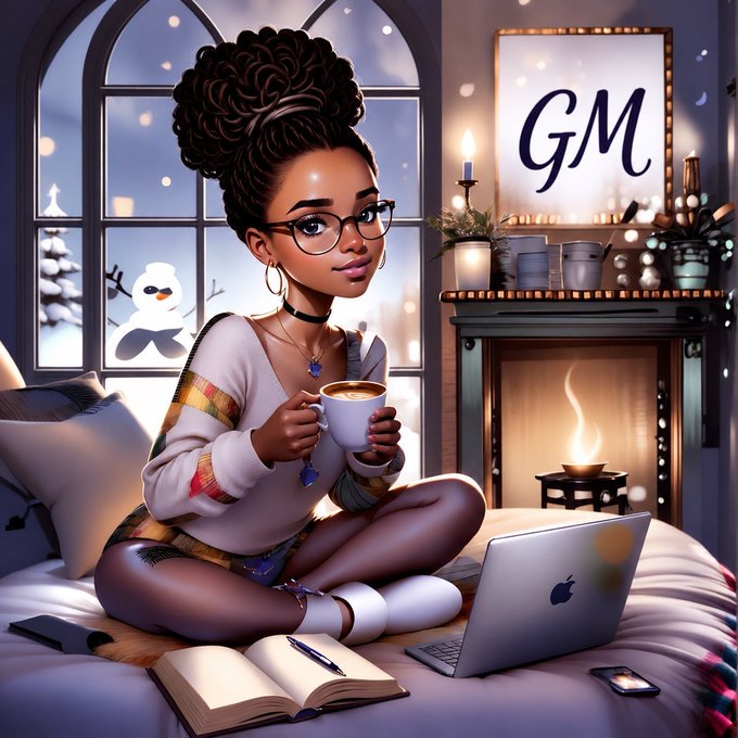 A digital illustration of a young Black woman with glasses and a high bun sitting on a bed, holding a coffee mug, with a laptop, an open book, a fireplace, and a 'GM' sign in the background.