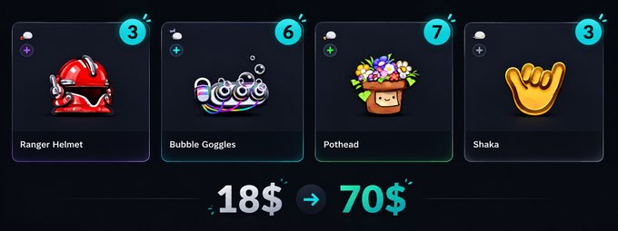 A digital storefront showing four purchasable items: Ranger Helmet (3), Bubble Goggles (6), Pothead (7), and Shaka (3), with a price comparison showing 18$ → 70$.